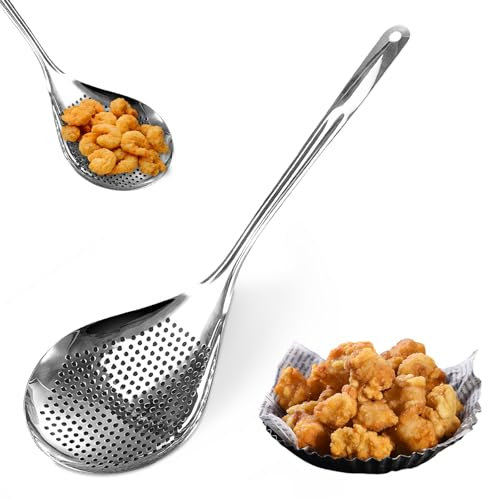 WANDGU 36CM Schiumarola in Acciaio Inossidabile: 1 Pezzo Schiumarola in Acciaio Inossidabile 304, Schiumarola Ergonomica per Zuppe, Frittura e Wok (Argento)