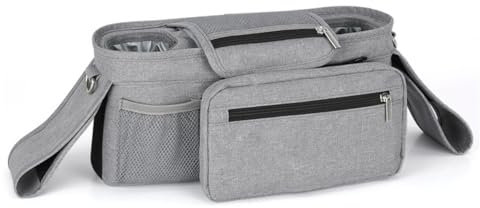 Kinderwagen Organizer Universal, Kinderwagen Tasche mit 2 Isolierten Getränkehalter, Buggy Kinderwagentasche mit Schultergurt und Stauraum für Windeln&Handys, grau Baby Stroller Bag (Grau)