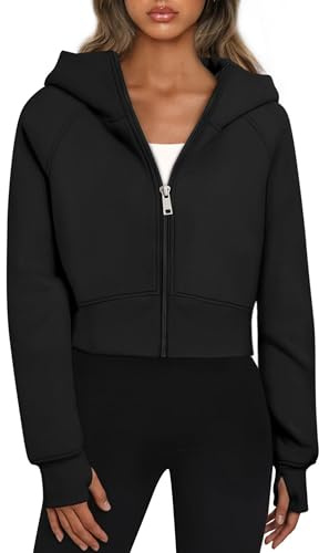 Oyamiki Casual Black Hoodie for Women Full Zip Fleece Jacket with Pockets Fall Long Sleeve Hoodies Y2k Cropped Sweatshirt XL