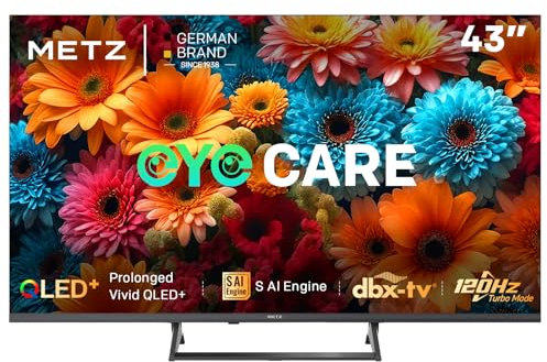 Metz QLED TV 43 Pouces (109 cm) 4K Smart LED Television Google Tele HDR 10 MEMC DBX Dolby Atmos Game Hub EyeCare Tuner DVB-T/-T2/-C/-S/-S2 CI+ (2025 Modèle, Noir 43MQF7500Z)