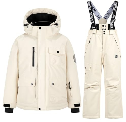 Kids Winter Snowsuits 2 Pieces Puffer Jacket & Bib Trousers, Boys Girls Ultralight Ski Suits Hooded Waterproof Coat Bib Snowpants Outfit Snowboarding Outdoor Beige 13 Years