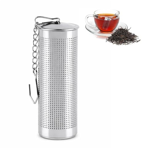 PARENCE - Infuseur à thé cylindrique en acier inoxydable – Filtre à thé réutilisable avec chaîne et crochet – Pour thé en vrac et infusions – Longueur env. 6,5 cm, Gris