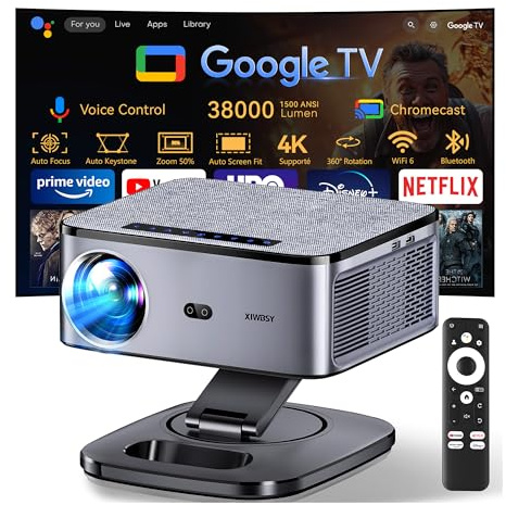 【1500 ANSI/Google TV/Autofokus】 XIWBSY Videoprojecteur 4K Supporté, 38000 Lumen FHD, 360° Rotation, Projecteur Video 4K Contrôle Vocal, Retroprojecteur WiFi6 Bluetooth
