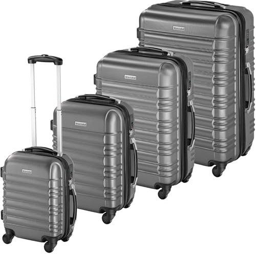 tectake® Set Valigie Trolley Rigide, 4 Valigie con Scocca in Plastica ABS, Rotelle Girevoli a 360°, Maniglia Telescopica in Alluminio, Serratura di Sicurezza a Combinazione - Grigio