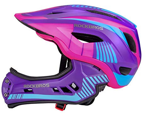 ROCKBROS Kinderhelm Integriert Fahrradhelm Kinder Jugend Fullface Helm mit Abnehmbarem Kinnschutz BMX MTB Downhill Helm, Violett M 54-57cm