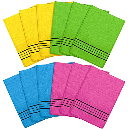 Tatuo 12 Pieces Korean Exfoliating Mitt Glove Italy Towel Body Skin Scrubber Exfoliating Scrubber for Remove Dead Skin Washcloth Korean(Small,Yellow, Green, Blue, Pink)