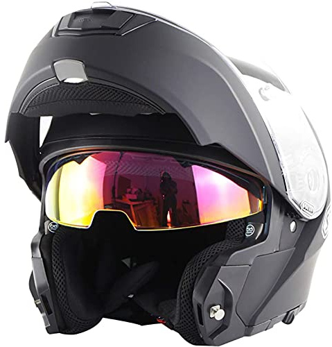 Klappbarer Modularer Motorradhelm Mit Doppelvisier, DOT/ECE-Zulassung Klappbarer Modularer Motorradhelm Modularer Integralhelm Für Herren Damen Erwachsene, Großer Weitwinkel Matte Black 2,4XL
