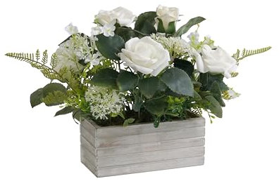 Mr.Bom Artificial Flowers Plants Fake Rose Floral Arrangements in Pots for Home Wedding Table Centerpieces Indoor Outdoor Decoration (white)