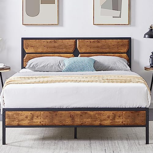 VECELO Cadre de Lit 140X190cm, avec Tête en Bois, Sommier Plateforme en Métal, avec Support à Lattes Solides et Espace de Rangement, Assemblage Facile, Marron