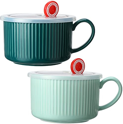 Nuenen 2 Pcs Soup Bowls with Lids and Handles 30 oz Microwave Safe Ceramic Soup Mug Microwavable Ramen Containers with Lids Large Colorful Cups for Noodle Cereal kitchen(Blue, Dark Green)