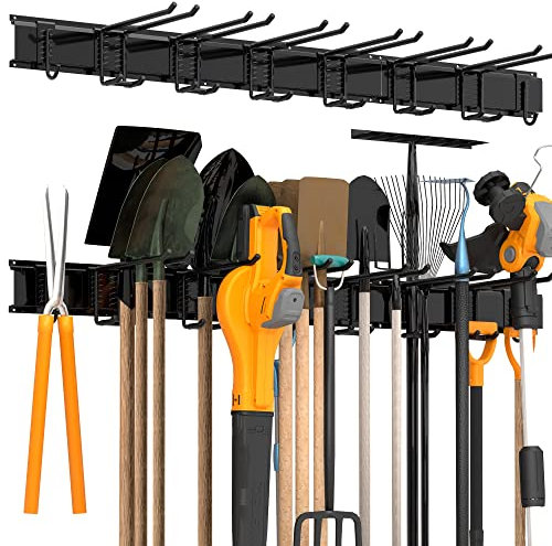 Sttoraboks Werkzeug-Wandregal, verstellbar Wandhalterungen für Garage und Garten mit 8 Haken & 3 Schienen, Hochbelastbares Werkzeugregal bis 204kg, für Garage, Garten, Ski, Besen, Rechen