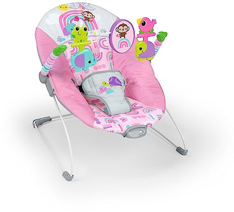 Bright Starts, Hamaca porttil Pink Paradise, con asiento vibratorio para bebs y barra de juguetes, de 0 a 6 meses