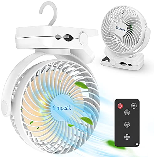 Simpeak 10000mAh Ventilatore Tavolo Clip Ventilatori USB Ricaricabile 3 Velocità 720 ° Angolo Regolabile Ventola con Illuminazione Telecomando per Campeggio Casa Ufficio Passeggini Viaggi, Bianca