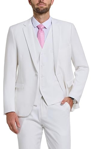 Hihawk Traje de 3 Piezas para Hombre con Tela elástica, Color sólido, Ajustado, Conjunto de Blazer de un botón, Chaqueta Chaleco Pantalones con Corbata., Blanco Puro, Medium
