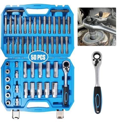 50 Piezas Herramientas para Amortiguador - PARAOUTIL Amortiguadores Coche con Trinquete de Absorción de Choque Kit de Llave de Vaso para Extracción de Tuerca Pasante (Par <40Nm)