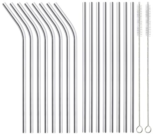 ANNVCHI 16 Pack of Reusable Stainless Steel Metal Straws, 8 Straight + 8 Bent 8.5 inch Metal Straws with 2 Cleaning Brushes, Straw Compatible with 20oz Stanley Cup