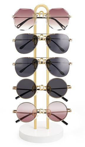 Mkono Soporte organizador para gafas de sol, soporte de almacenamiento para gafas de sol, marco de metal con base de madera para 5 pares de gafas para mesa, escritorio, encimera, tocador, dormitorio,