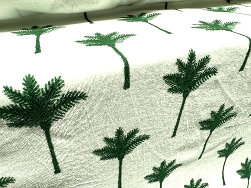 Tela de rizo recortada de algodón, por metro, estampado de palmeras, color blanco y verde