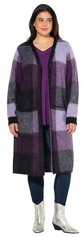 Ulla Popken Damen große Größen Übergrößen Plus Size Long-Strickjacke, Karo, offenes Modell, Taschen violett 50+ 831654836-50+
