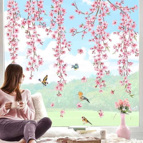 decalmile Fensterbilder Frühling Kirschblüte Fensteraufkleber Hängende Blumen Rosa Rebe Anti-Kollision Fenster Abziehbilder Fensterfolie Vögel Fenstersticker Glas Fensterdeko Aufkleber