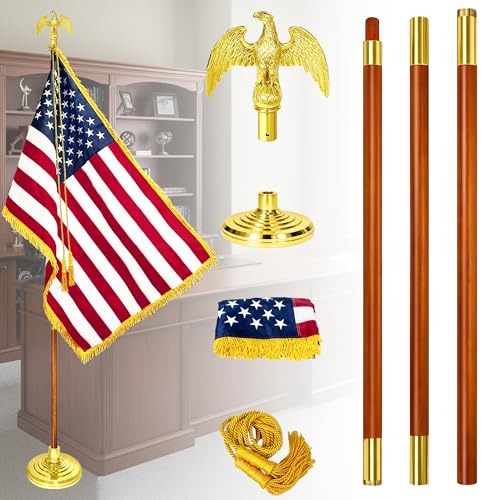 Solid Oak Indoor Flag Poles Kit, Telescoping Flag Pole with Base 8.8Ft, 3x5 FT American Flag, Eagle Topper, Yellow Pendant, Flag Pole Suitable for Office, School
