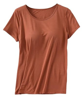 Camisa de sujetador para mujer con copas sin aros, camiseta interior de algodón con sujetador integrado, camiseta básica con cuello en U, manga corta, cómoda camisa ajustada, sujetador de yoga,