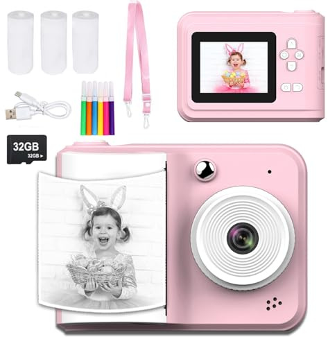 Instant Print Camera - 2,4 skärm, 1080p foto och video, inkluderar 32 GB SD-kort, MP3-spelare, roliga spel och 3 rullar fotopapper