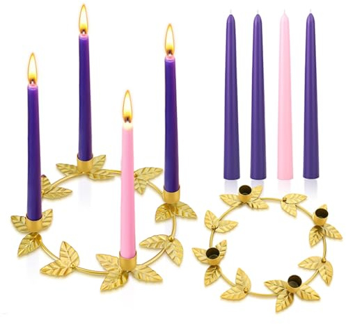 Christmas Advent Wreath Candle Holder with 4 Candles Set, Advent Wreath Ring, Metal Ring Candle Stand Purple & Pink 10 x 7/8'' Taper Candles for Christmas Home Church Table Centerpiece Decor(Gold)