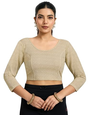 TRENDMALLS Women's Polyester Elastane Zari Stretchable Ready to Wear Blouse for Women (B09-Beige-XL)
