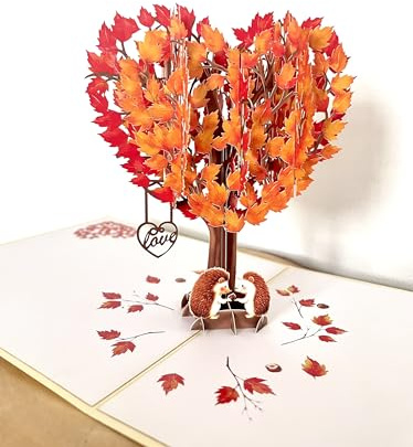 Hedgehogs in Heart Tree Pop Up 3D Card. Romantic autumn anniversary, valentines greeting card for Her,Girlfriend,Wife,Him, Boyfriend,Husband. 15cmx15cm (Hedgehog Love)