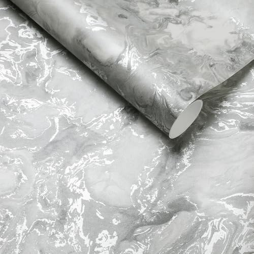 Tarwanear Marble Effect Wallpaper Silver Metallic,Modern Luxury Textured Grey Marble Wallpaper for Living Room,Bedroom,Fireplace,Hallway Feature Wall