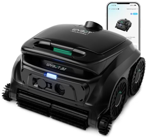 WYBOT B1 Robot de Piscina Inalámbrico, Limpia Fondo y Paredes 120 Min Autonomía para Piscinas Enterradas Y sobre Suelo, App, Dos Cepillos Laterales, Negro