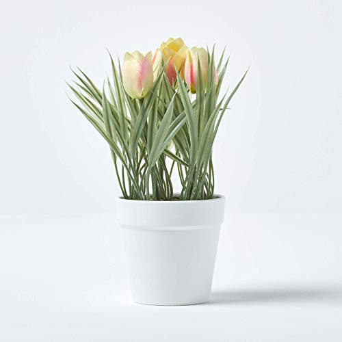 Homescapes künstliche rosa Tulpe im weißen Topf, kleine Kunstblume/Kunstpflanze ca. 22 cm hoch ideal als Dekoration für Büro, Beistelltisch oder Fensterbank
