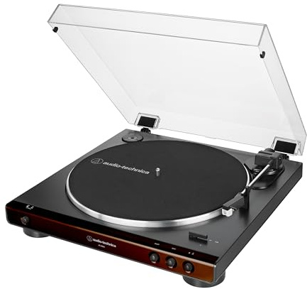 Audio-Technica At-LP60X-BW Fully Automatic Belt-Drive Stereo Turntable, Hi-Fi, 2 Speed, Dust Cover, Anti-Resonance, Die-Cast Aluminum Platter Brown