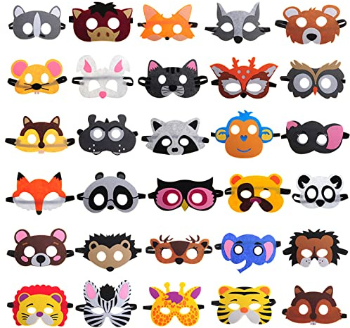 TAOVEN 30 Pieces Felt Animal Masks for Kids Jungle Theme Party Favors Supplies