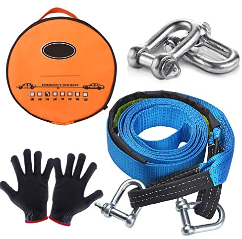 Eslinga Cuerda de Remolque UIHOL, Resistencia 9 Ton 5M Longitud, Material Sólido, Correa para Remolcar Vehículos para Remolque Resistente, con 2 grilletes y Guantes Antideslizantes para Coche