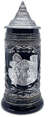 Tazza da birra con coperchio in metallo inciso e medaglione in metallo del carro tedesco e cavalli da tiro, 1 litro