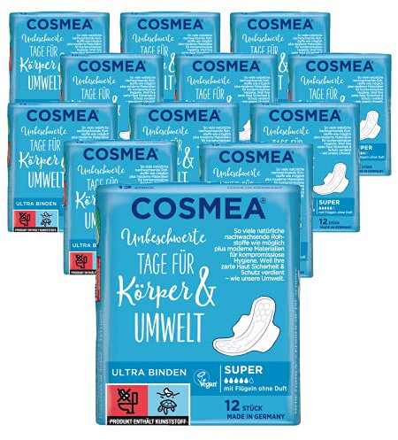 Cosmea Ultra Binden Vorteilspack, Hygiene-Einlagen aus nachwachsenden Rohstoffen. Damen-Hygiene im Einklang mit der Natur (Super (12x12 Stück))