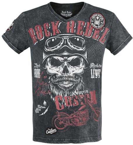 Rock Rebel by EMP Homme T-Shirt Noir à col en V avec imprimé XXL