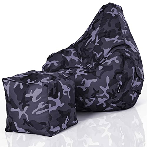 Green Bean© Set de 2: Pouf + Tabourets - remplis - Robustes lavables résistants à la saleté - Bean Bag Coussin de Sol Lounge Chaise Fauteuil Relax Gamer Siège de Gaming - Camouflage Noir