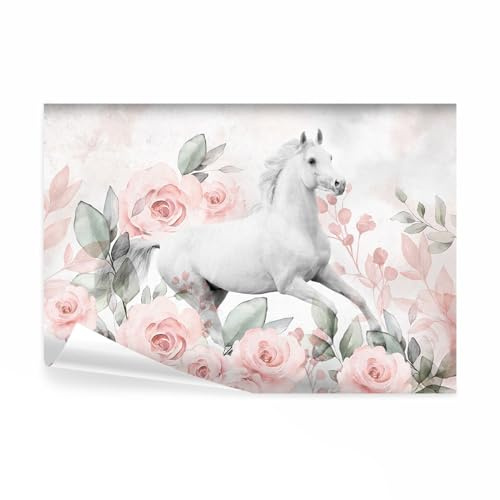 decomonkey Fototapete Pferd 250x175 cm Design Tapete XXL Fototapeten Vlies Tapeten Vliestapete Wandtapete moderne Wand Schlafzimmer Wohnzimmer Kinderzimmer Rosen Rosa Blumen Beton Optik Tiere
