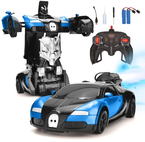Transformations Roboter RC Auto mit Spray, Ferngesteuertes Auto für Kinder ab 6 7 8 9Jahre, Sportwagen Rennauto Spielzeug, Verformung Fahrzeug für Kinder, Geschenk für Jungen und Mädchen (Blau)