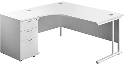 Office Hippo Heavy Duty Left Corner Radial Desk With 3 Drawer High Storage, Home Office PC Filing, 5 Yr Wty, MFC - White Frame, 160cm x 160.4cm