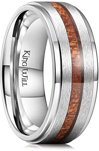 King Will Nature - Alliance de mariage en carbure de tungstène 8 mm Noir/Argent avec incrustation en bois véritable Finition mate brossée, S 1/2(60.8mm), Titane, Aucune pierre précieuse