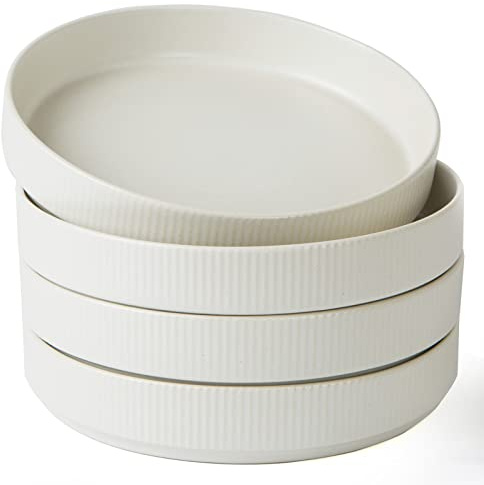 famiware Star 8.25 Pasta Bowls, Large Dinner Bowls Set of 4, Salad Bowl Plates, Shallow Bowls for Eating, Matte White (Full Glaze)