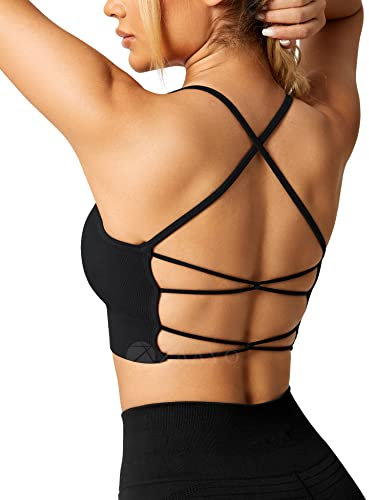 ZAAYO Damen Gym BH Gepolstert Crossback Fitness Sport Bra Abnehmbarer Brustpolster Yoga Tops Gestrickte Nahtlose Sportbekleidung Schwarz X-Large