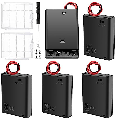 5 PCS 4 AAA Battery Holder, KUOQIY 4 x 1.5V AAA 6V Battery Holder Case with ON/Off Switch & Wire Leads & Cover, with 2 PCS Plastic Battery Storage Box & Screwdrivers & Screws