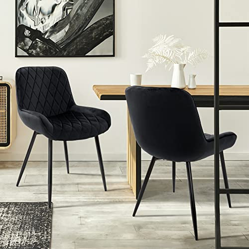 ML-Design Lot de 2 Chaises de Salle à Manger - Noir - Style Rétro - Assise Rembourrée Aspect Velours - Pieds en Métal Noir - avec Dossier et Accoudoirs - Fauteuil Moderne Salon Bureau Chambre Cuisine