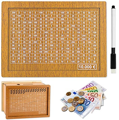 Atuoxing Spardose Holz, Sparbox mit Zähler zum Ankreuzen Wiederverwendbare, Sparschwein aus Holz für Erwachsene und Kinder mit Sparziel (10000€)