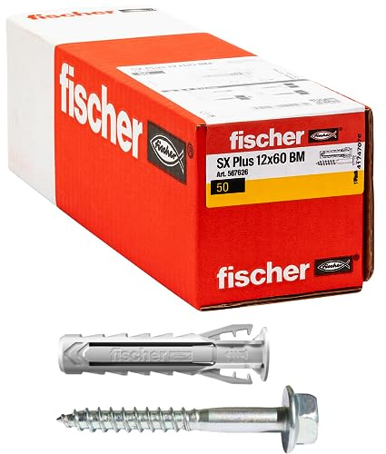 Fischer SX Plus BM 12x60 mm con Vite Testa Esagonale | 50 Tasselli per Muro Pieno, Mattone Forato, Muratura, Calcestruzzo | Fissaggio di Lampadari, Mobili, Pensili, Mensole